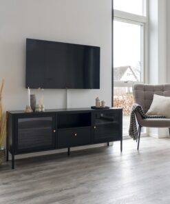 Køb Calaf - TV-Bænk i sort metal med to glaslåger online billigt møbel