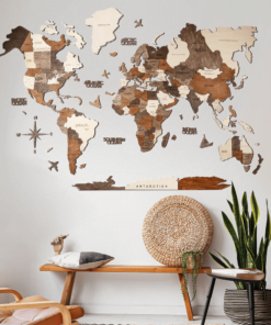 Køb 3D Verdenskort Træ Multifarvet Medium (100 x 60 cm) Dansk (Leveringstid: 1-3 hverdage) online billigt møbel