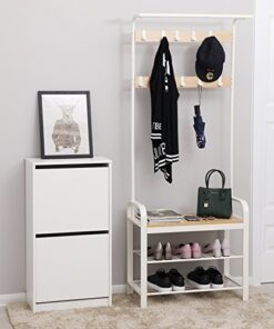 Køb Garderobestativ hvid med 2 skohylder bænk og 9 knagerækker online billigt møbel