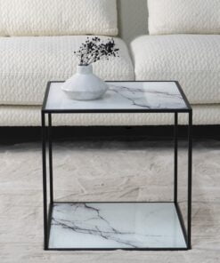 Køb Kubus - Sofabord i stål og hvidt glas online billigt møbel