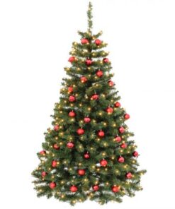 Køb Juletræ 210 cm med LED lys og røde kugler online billigt møbel