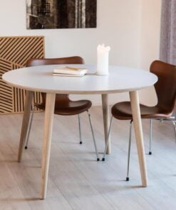 Køb DT 100 - Rundt Spisebord i hvid laminat med træben