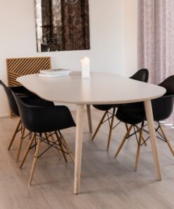 Køb DT 100 - Rundt spisebord med 1 tillægsplade i hvid laminat