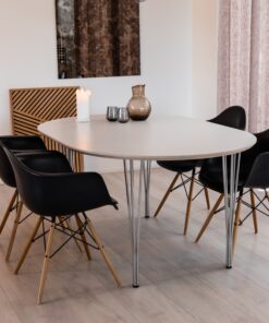 Køb DT 100 - Rundt spisebord med 2 tillægsplader i hvid laminat